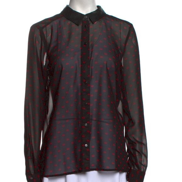 ONLY Vicky Sierra LS Shirt- Black Sheer Blouse with Red Lip Print, EU 38 - Picture 1 of 6